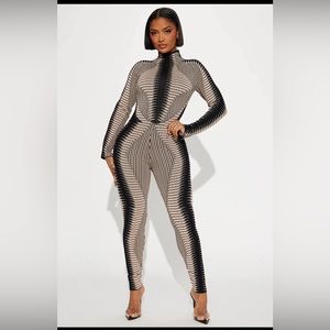 Women’s tan and black sweater jumpsuit